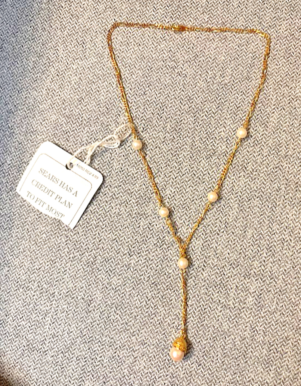 Vintage 90s Sears Gold Tone Faux Pearl Y-Necklace Lariat Drop NOS NWT 16"